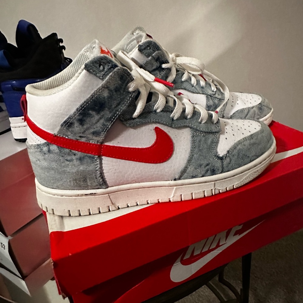 Nike Dunk High, Red, white and denim, Size 8.5